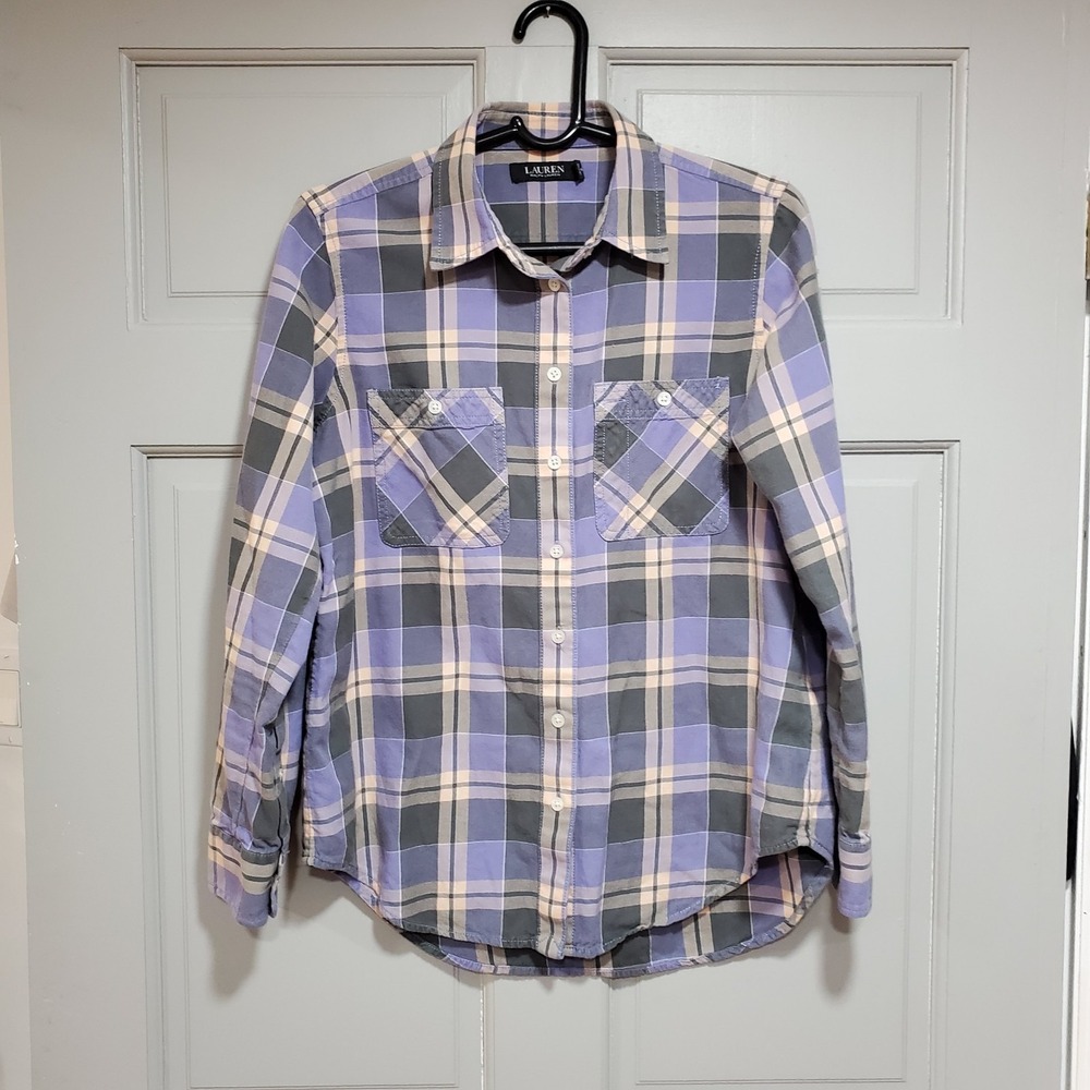 Ralph Lauren Woman's M Shirt Purple Pastel Plaid Cotton Twill Button-Up Casual